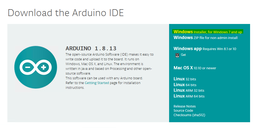 Downloadseite der Arduino-Webseite mit der Downloadoption Windows Installer