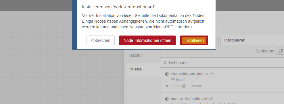Node-RED: Dashboard Installationshinweis