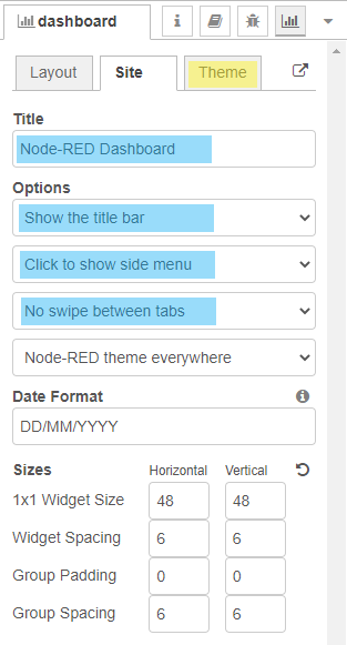 Node-RED: Dashboard - Seiten-Einstellungen