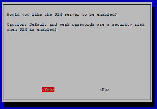 raspi-config: Sicherheitsabfrage, ob der SSH Server aktiviert werden soll