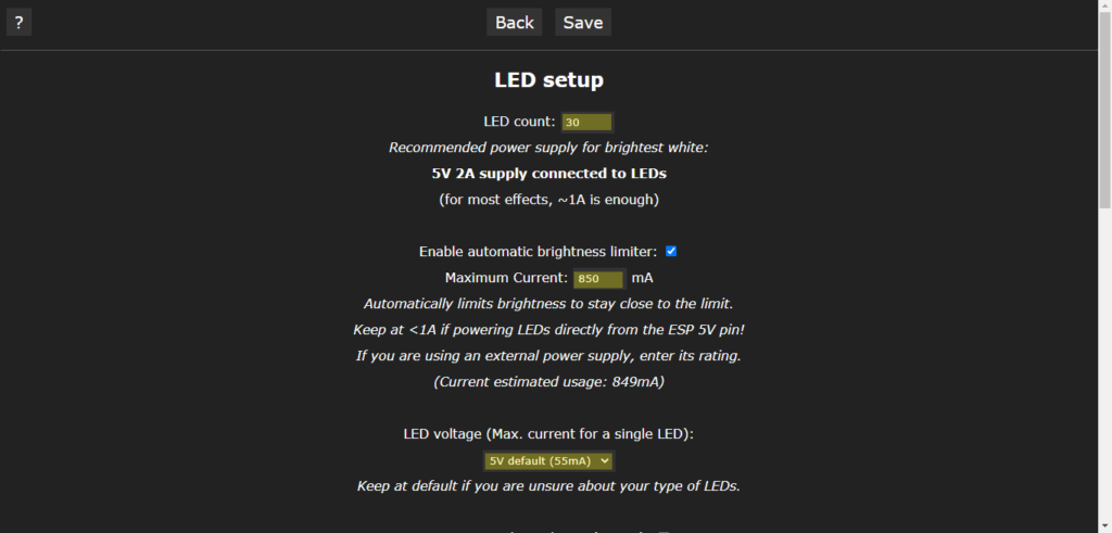 WLED LED-Einstellungen: Markierter LED count, maximum current und LED voltage