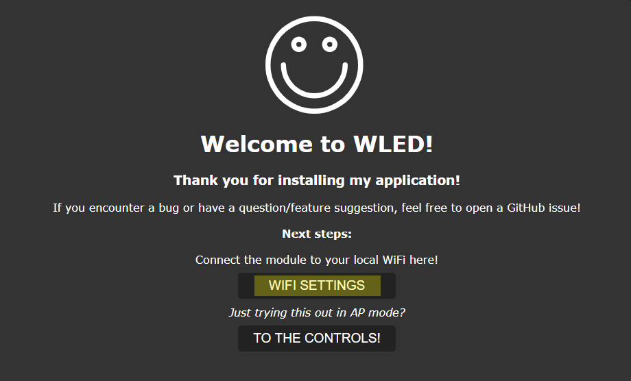 WLED Willkommensseite: Auswahl der WiFi Settings