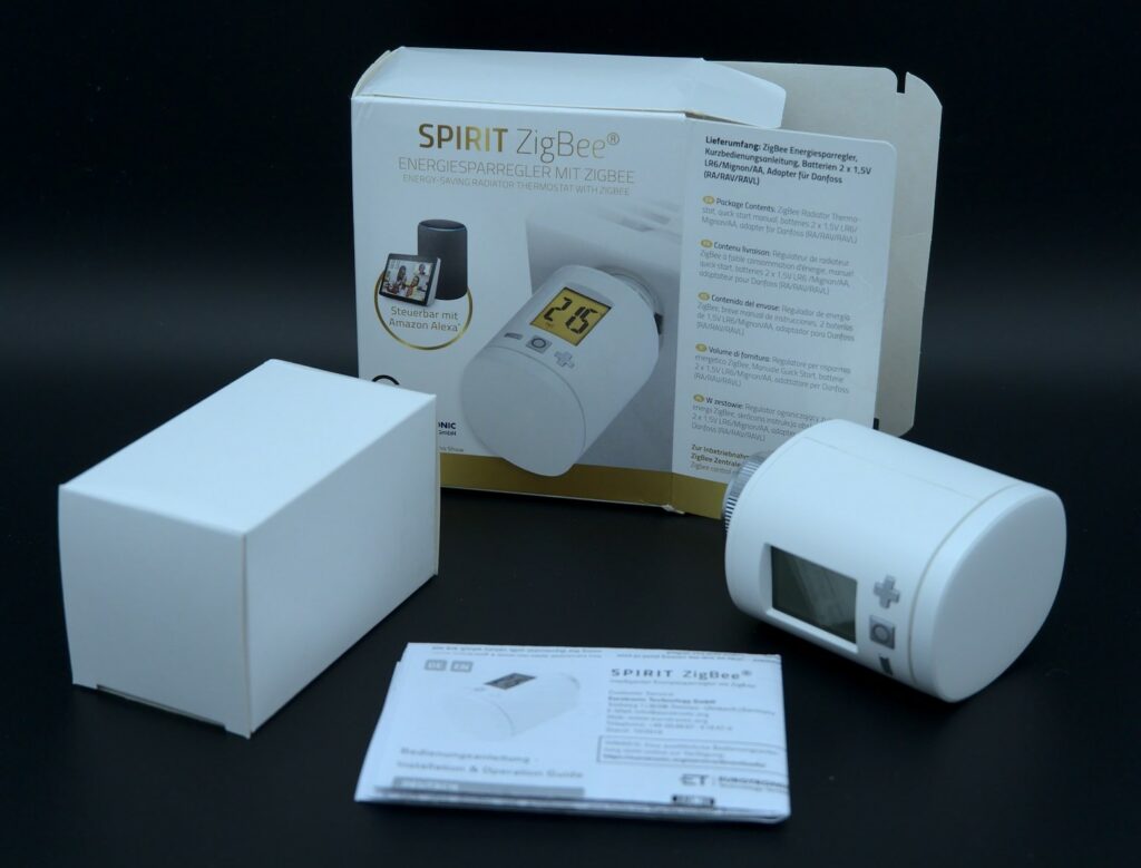 Eurotronic-Spirit: Beinhaltet in der Umverpackung das Thermostat, eine Bedienungsanleitung und einen Karton mit Zubehör