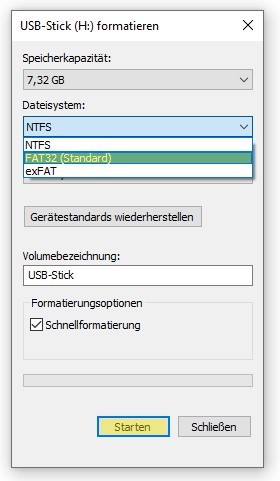 VTI: Dateisystem auswählen und Stick formatieren